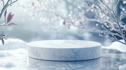 A simple, clean podium made of white marble or matte white material, placed on a smooth surface. The winter-themed background features cool, soft 