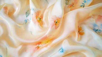 A silk fabric with pastel watercolor florals in peach, pale yellow, and pale blue, creating a dreamy and luxurious aesthetic.