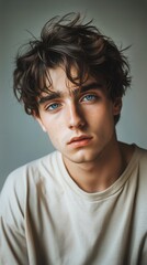 Young Man With Striking Blue Eyes and Tousled Hair Sitting Indoors in Soft Lighting