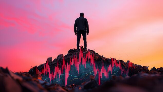 Silhouette of a person standing on a rocky peak with financial graphs overlay, symbolizing market analysis and investment challenges at sunset.