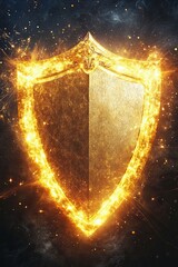 Fototapeta premium Glowing golden shield with fiery edges floating in a dark mystical background symbolizing protection and strength
