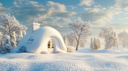 A snowy textured dumpling shaped house in the snow, 3D style