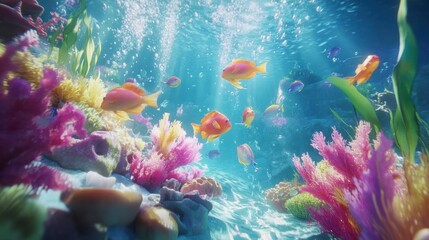 Obraz premium A school of tropical fish swimming around a coral reef in crystal-clear water