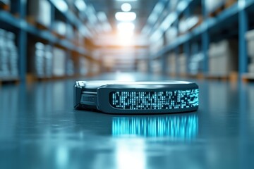 Warehouse Tech: Futuristic autonomous robot navigating the aisles of a vast warehouse, showcasing cutting-edge technology and automation for logistics and supply chain efficiency. 