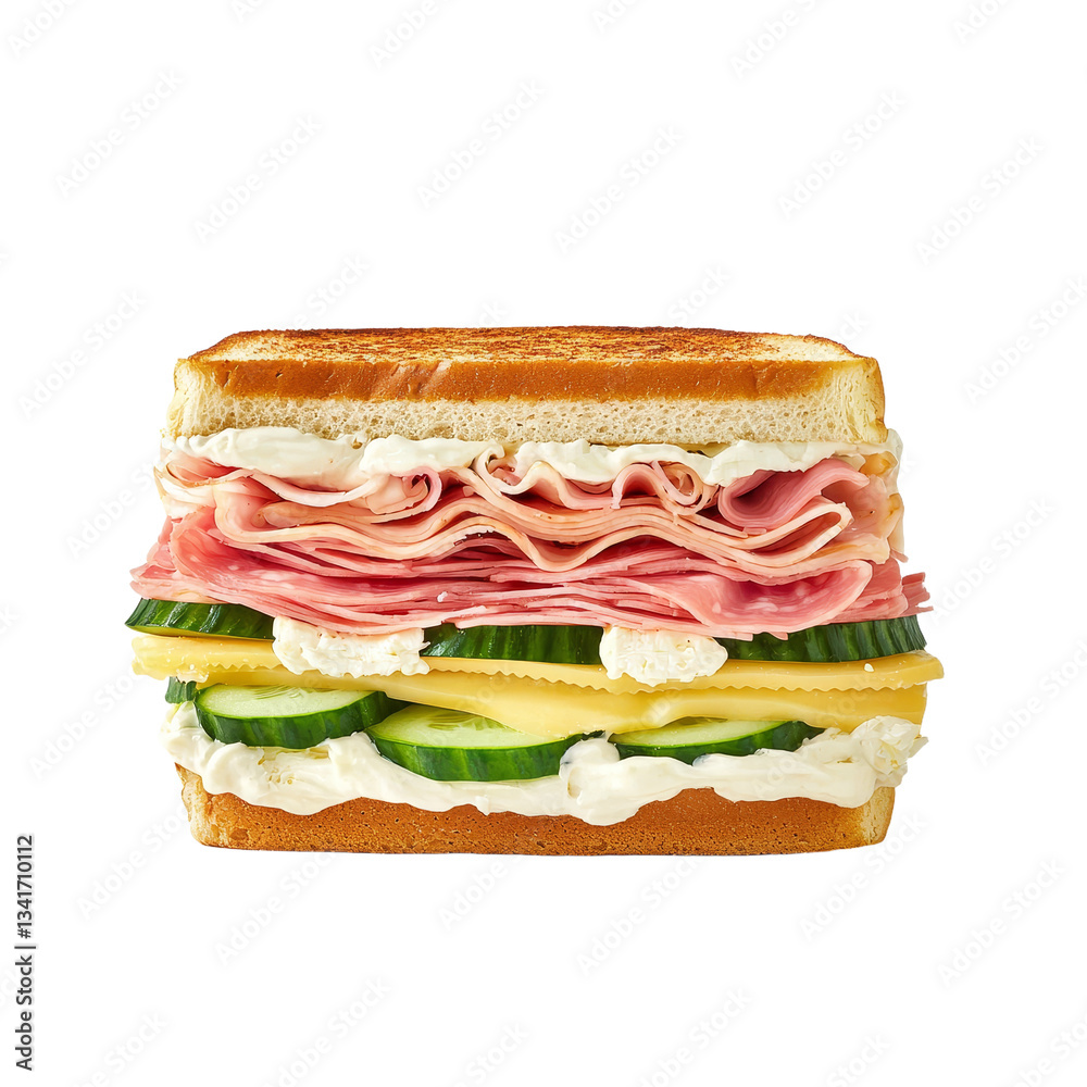 Aufkleber Isolated on a transparent background is a fresh ham and vegetable sandwich on white bread, an image generated by Generative Ai