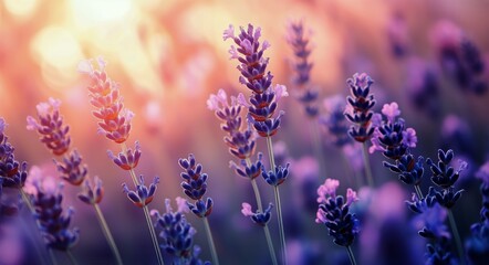 Fototapeta premium Lavender Blooms Soaking up Golden Sunlight in a Serene Garden During Early Morning Hours
