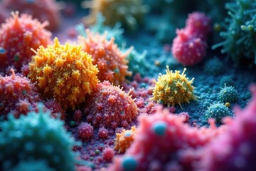 Fototapeta premium Colorful colonies of bacteria on a slide under microscope, thriving ecosystem, health, vibrant colors