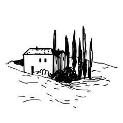 Hand-drawn landscape of Tuscany. Vector sketch  illustration.