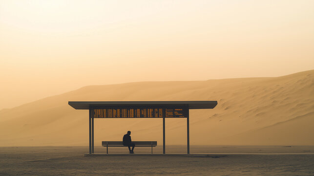 Man waits at a bus stop in a sandy landscape during a foggy evening