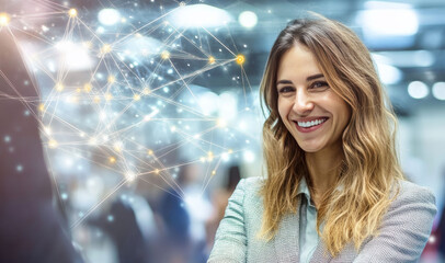Obraz premium At a business event, a confident businesswoman connects with a colleague, with digital network elements reinforcing the themes of technology and innovation.