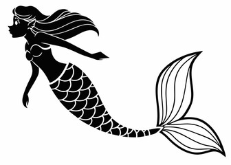 Obraz premium Drawing of Mermaid Mermaid vector silhouette, Mermaid flat icon, Mermaid black Clip art isolated on a white background. Vector outline