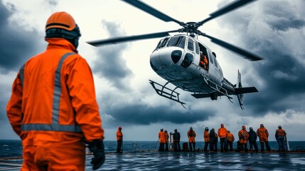 A helicopter approaches a group of workers on an offshore platform under stormy skies, highlighting the challenges of maritime operations.