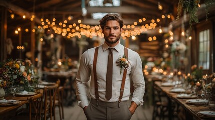 A well-dressed man stands confidently in a beautifully decorated venue featuring string lights, floral arrangements, and a rustic ambiance. It is evening, creating a cozy atmosphere.