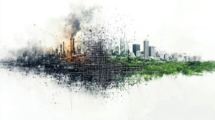 abstract art. Background is white. On the left, a old industrialized dirty city from 1800 coal age. On the right is a green landscape with modern city. 