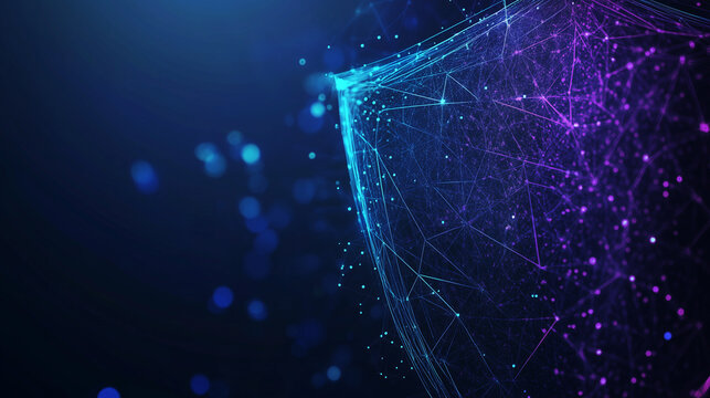 Geometric shield patterns with glowing particles on a dark gradient background. Designed for security solutions or ethical hacking service	
