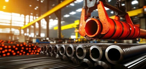 A vibrant industrial scene showcasing a crane lifting a pipe in a factory filled with metallic materials under warm lighting.