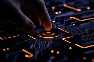 A hand pressing a glowing button on a dark circuit board, showcasing modern technology.