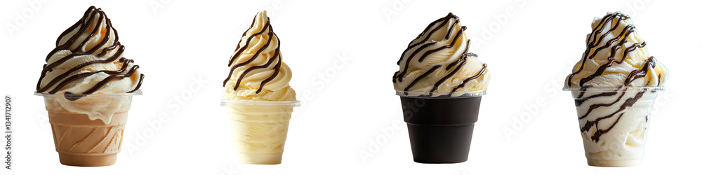 Poster An image generated by Ai shows a plastic cup of vanilla soft serve ice cream with chocolate syrup, isolated against a transparent background