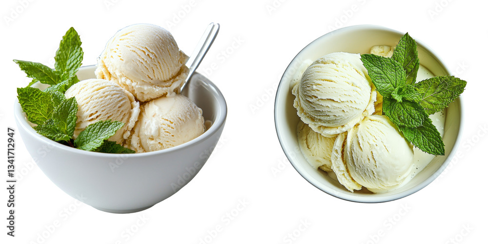 Aufkleber generative ai has created an image of vanilla ice cream with peppermint in a white bowl, isolated on