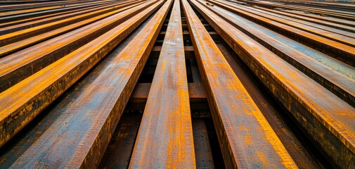 A close-up view of rusted metal beams arranged in parallel lines, showcasing texture and colors created by age and exposure.