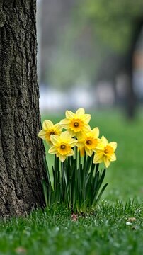 Bright yellow daffodils bloom at the base of a tree in a serene park during springtime, showcasing nature's beauty and renewal