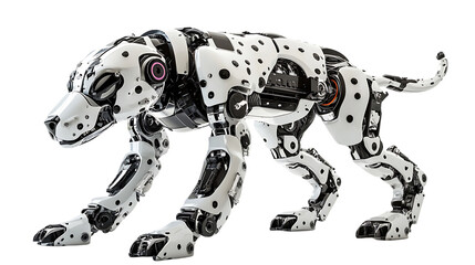 Robotic dalmatian with white and black plating is shown prowling