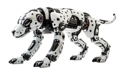 Robotic dalmatian with white and black plating is shown prowling