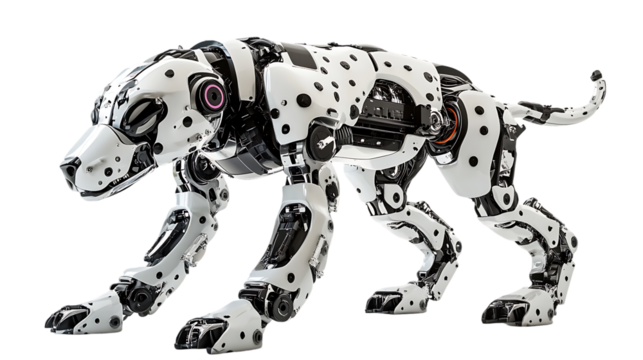 Robotic dalmatian with white and black plating is shown prowling - Powered by Adobe
