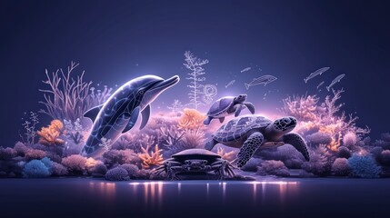 Underwater Scene  Dolphin  Turtles  Crab  Coral Reef  Ocean Life  Coloring Book Style