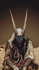 Fototapeta premium Cyberpunk Desert Nun Horned Sci Fi Warrior in Sandstorm
