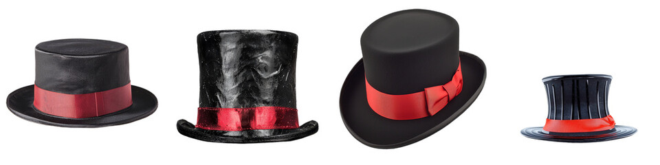 Generative Ai has created an image of a black top hat with a red ribbon, set against a transparent background