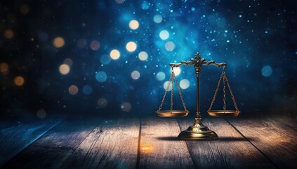 Justice scales on wooden table in dark background