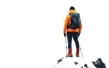 Traveler with backpack on snowy mountain peak, cut out