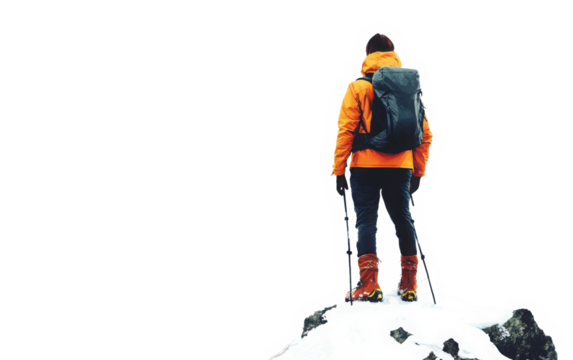 Traveler with backpack on snowy mountain peak, cut out