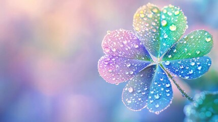 Beautiful pastel rainbow four leaf clover with dew drops on it, bokeh background, dreamy, fantasy, ethereal, magical, hyper realistic photography