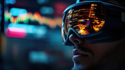 A close-up of a person wearing futuristic goggles, with vibrant reflections of digital data and graphs visible, suggesting technology and innovation.