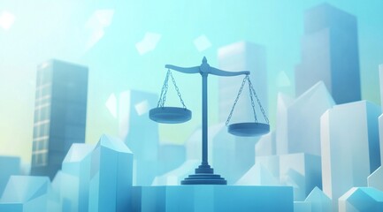 Justice scales over cityscape; modern art; legal concept; background use