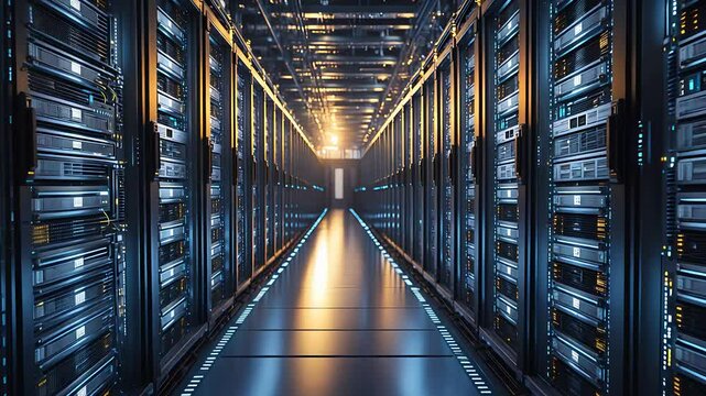 Futuristic Data Center Corridor with Rows of High-Tech Server Racks and Advanced Cloud Computing Infrastructure

