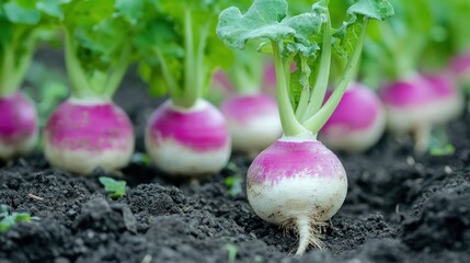 A field of turnip plants growing in rich soil
