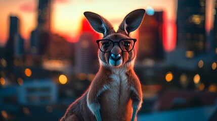 Kangaroo Wearing Glasses Against City Sunset Background with Bokeh Lights