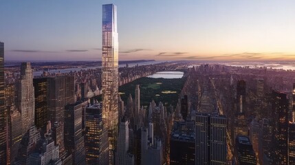 Fototapeta premium A Stunning Panoramic View of New York City Skyscrapers at Dusk with Central Park