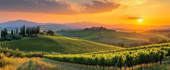 Golden Hour Over Rolling Hills and Vineyards of Tuscany Landscape
