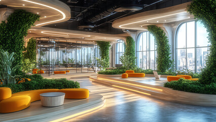 modern, eco friendly coworking space with vibrant greenery, curved wooden furniture, and large windows offering city views. bright, open design fosters creativity and collaboration