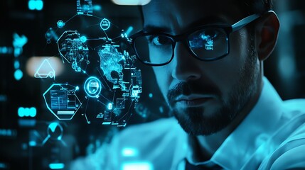 A businessman holding a glowing holographic network expansion plan, optimizing digital infrastructure for next-gen connectivity