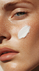A close-up of red haired model face with radiant glowing skin with moisturizing cream applied to the cheek, product swatch, product application
