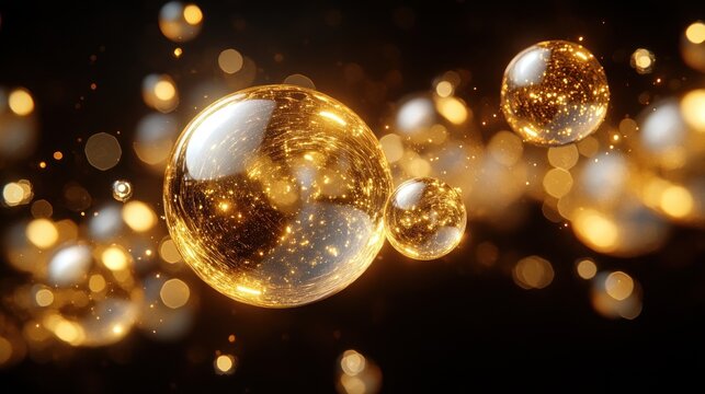 Golden spheres floating in dark, sparkling space - Powered by Adobe