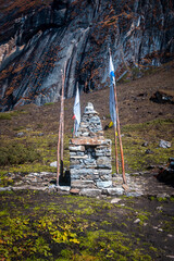 Remote Mountain Shrine with Tibetan Prayer Flags.