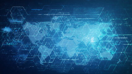 futuristic digital world map with hexagonal patterns and glowing blue lights, symbolizing global connectivity, data networks, and technological innovation