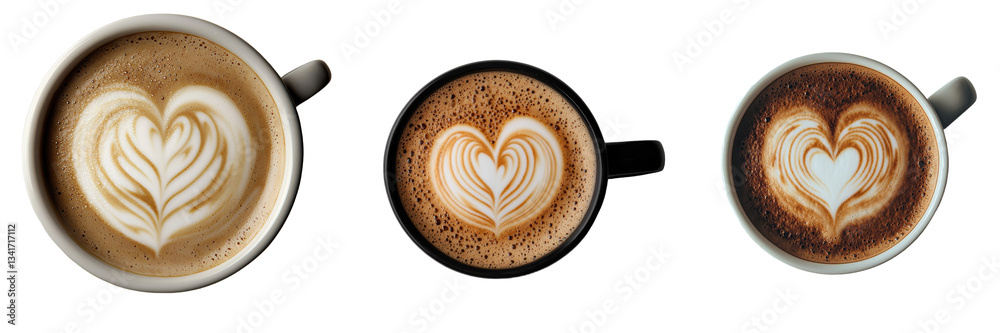 Poster From a top-down perspective, a cappuccino featuring a heart-shaped design in its latte art is shown isolated on a transparent background, a product of Generative Ai