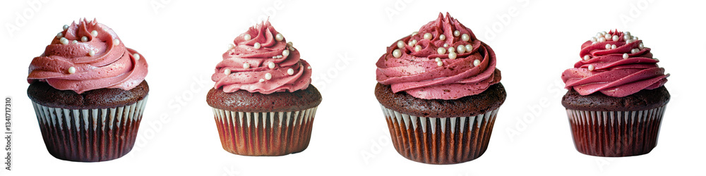 Poster on a transparent background, a solitary chocolate cupcake with a decorative pink frosting swirl is g
